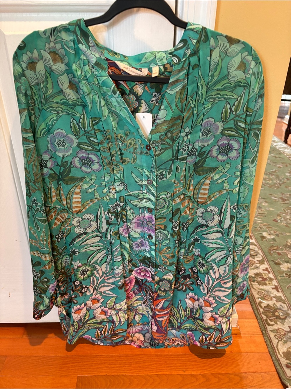 Soft Surroundings Teal Floral V-Neck long sleeve Blouse